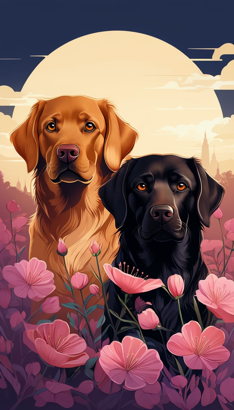 Vibrant Labrador Retrievers Surrounded by Pink Flowers Artwork Mobile Wallpaper