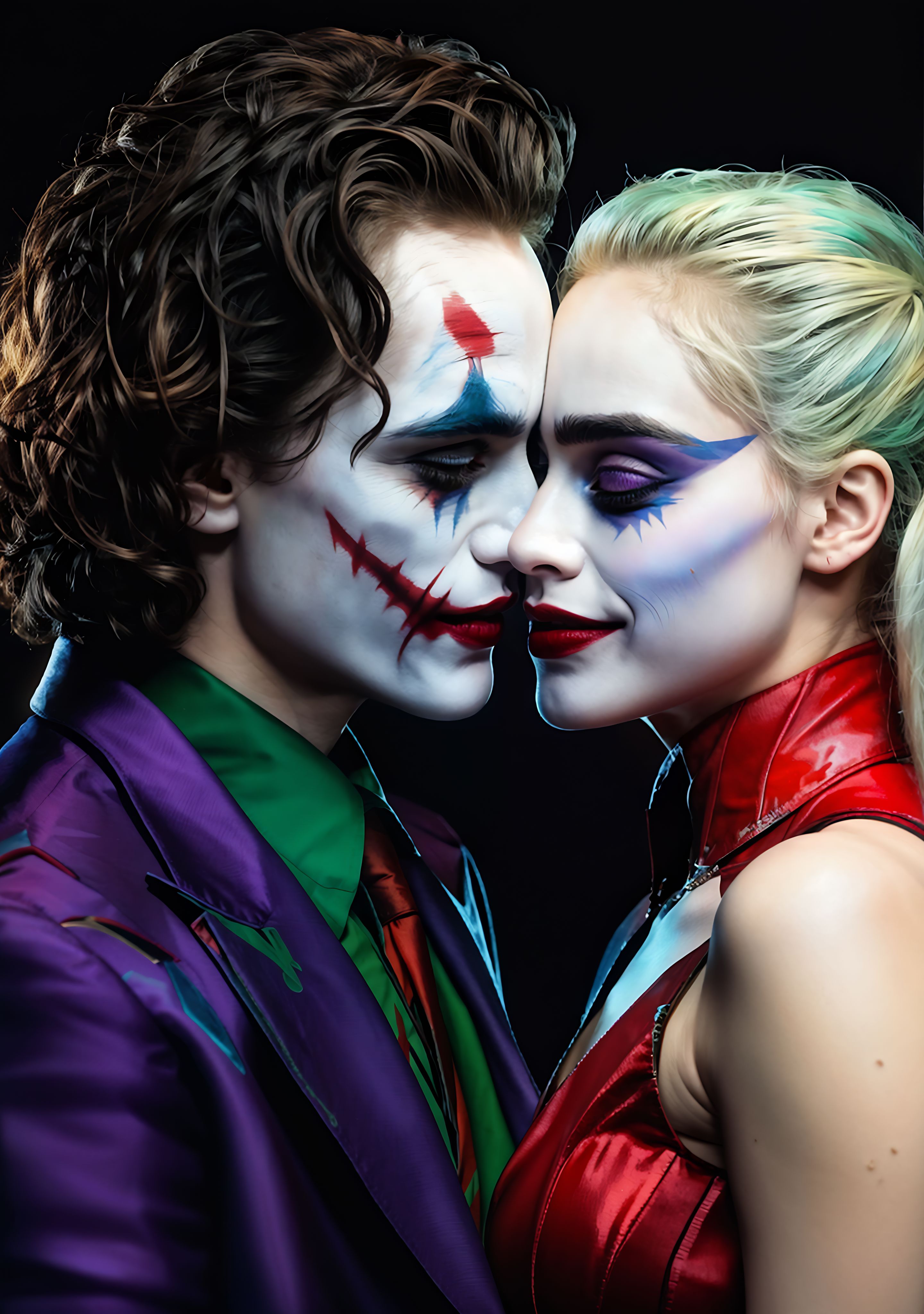 a photo of 4k ultra realistic Joker and Harley Quinn love scene