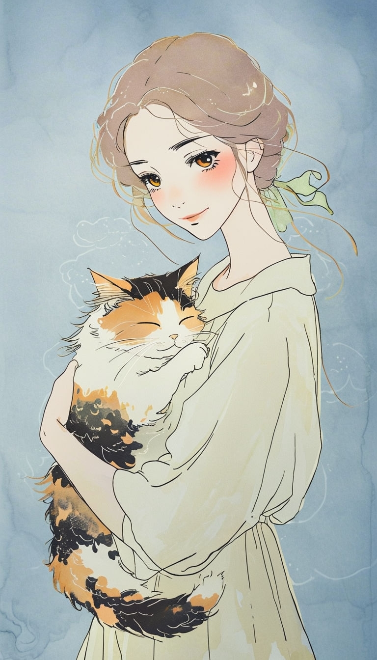 Gentle Woman and Sleeping Cat Illustration Phone Case Cover