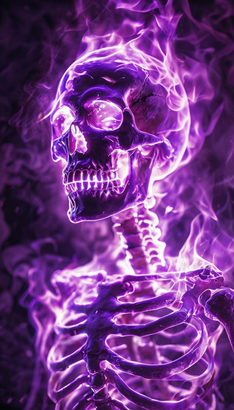 Neon Purple Skeleton with Flames and Smoke Mobile Wallpaper