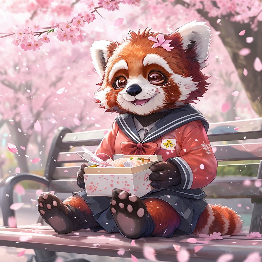 Red Panda in Japanese School Uniform Under Cherry Blossoms Art