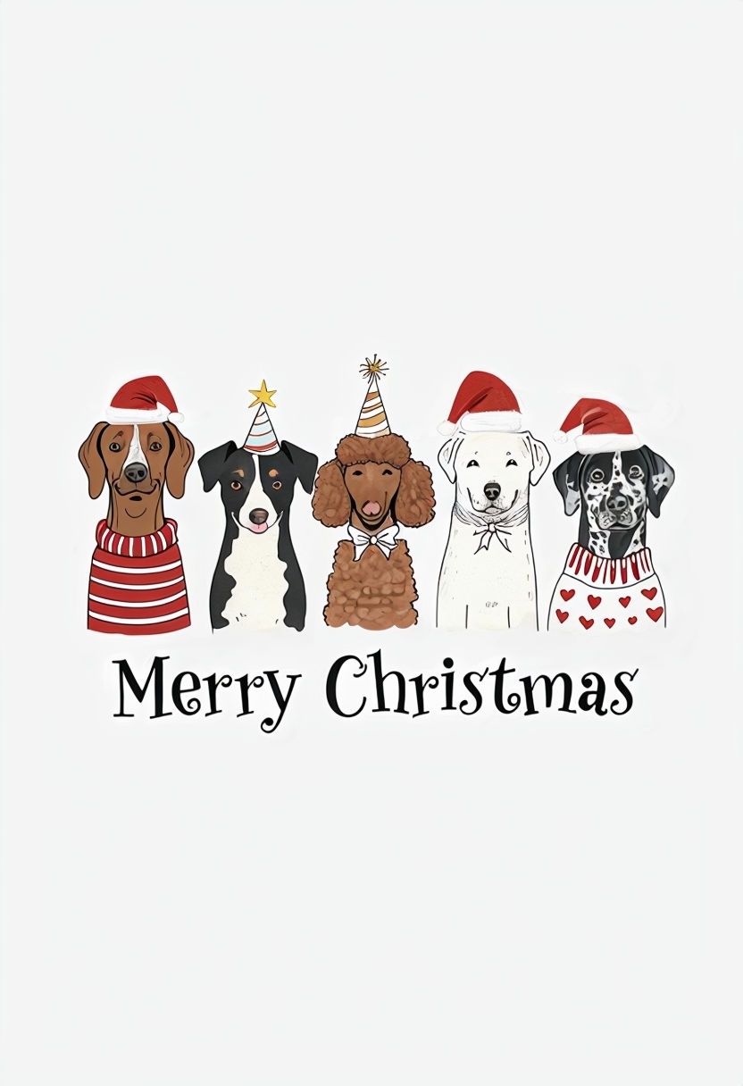 Whimsical Christmas Dogs with Merry Christmas Text Illustration Card