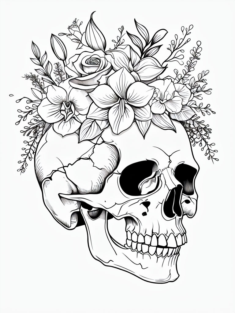 Intricate Black and White Skull with Floral Crown Coloring Page