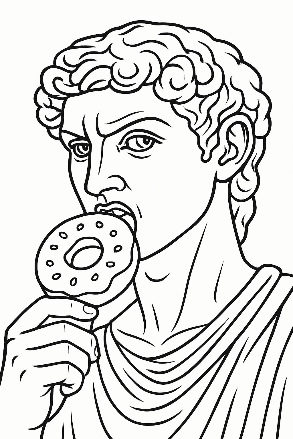 Playful Classical Statue with Donut Line Art Coloring Page