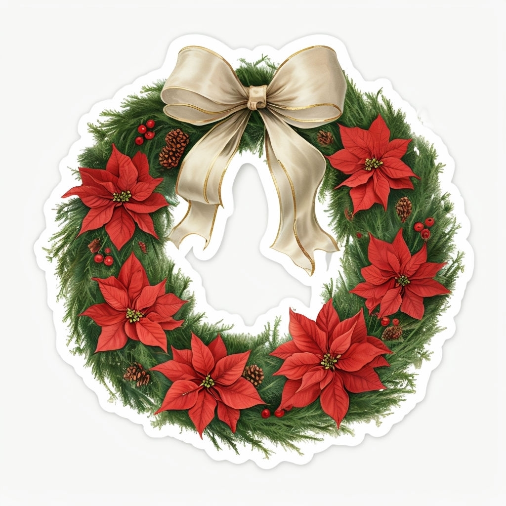 Vibrant Holiday Wreath with Poinsettias and Cream Bow Sticker