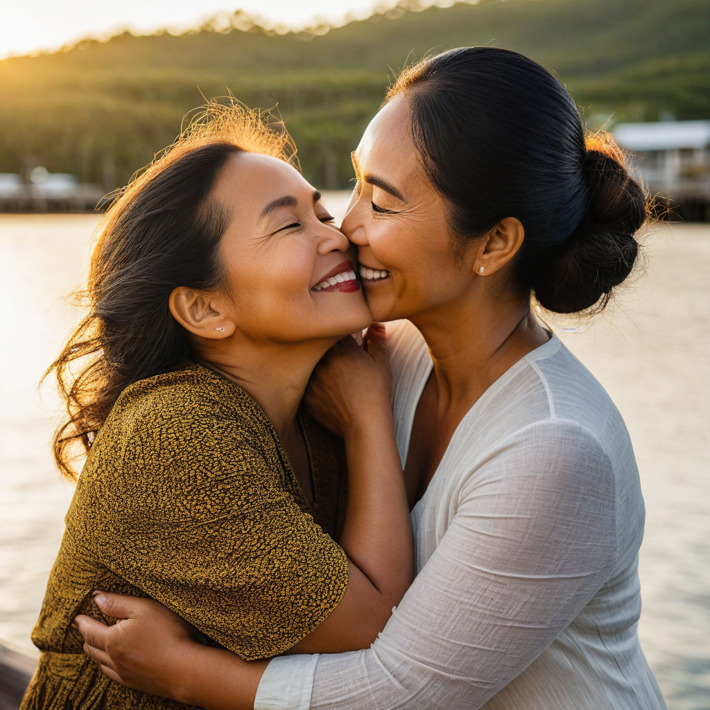 A mother and her daughter take out tongues them and kissing in bikini