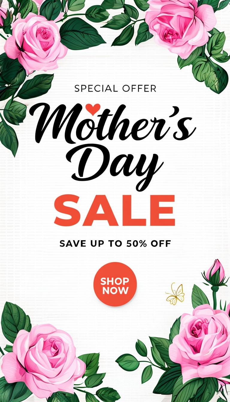 Elegant Mother's Day Sale Flyer with Pink Roses and Butterfly Social Media Post