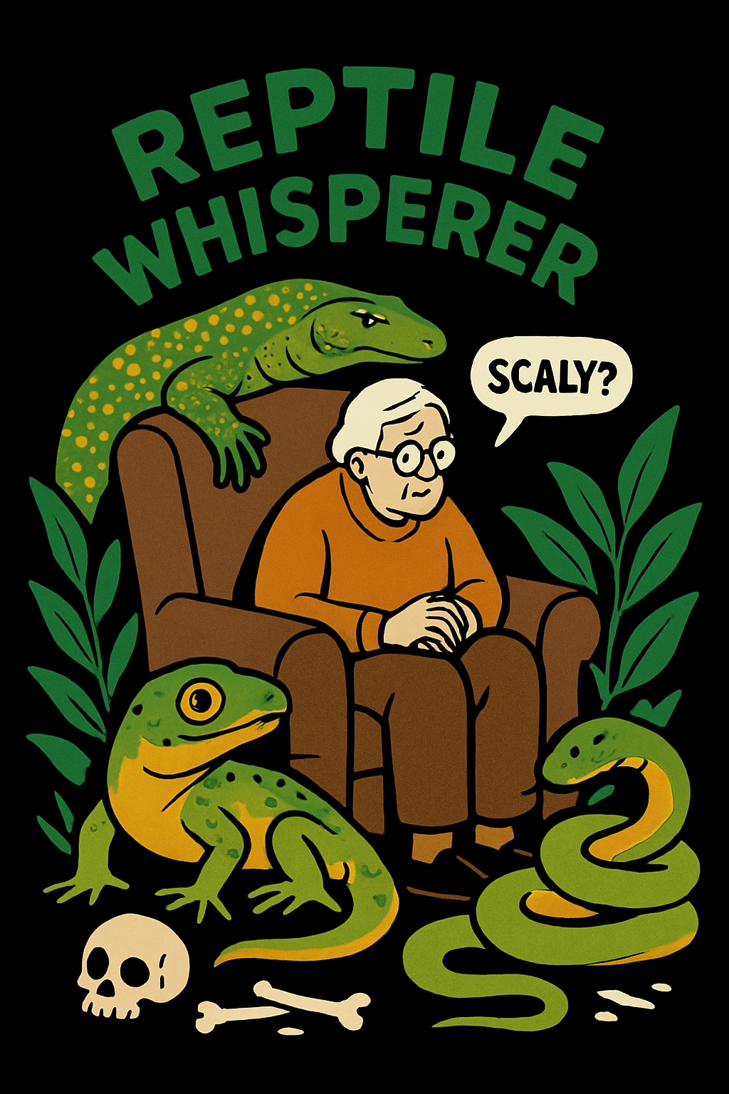 Elderly Reptile Whisperer Surrounded by Creatures Poster