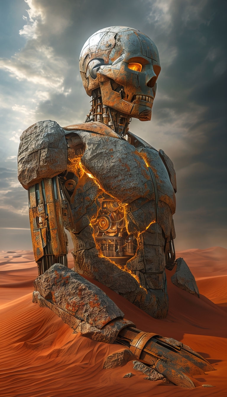 Immense Rusted Automaton Guardian in Vast Desert Illustration Art