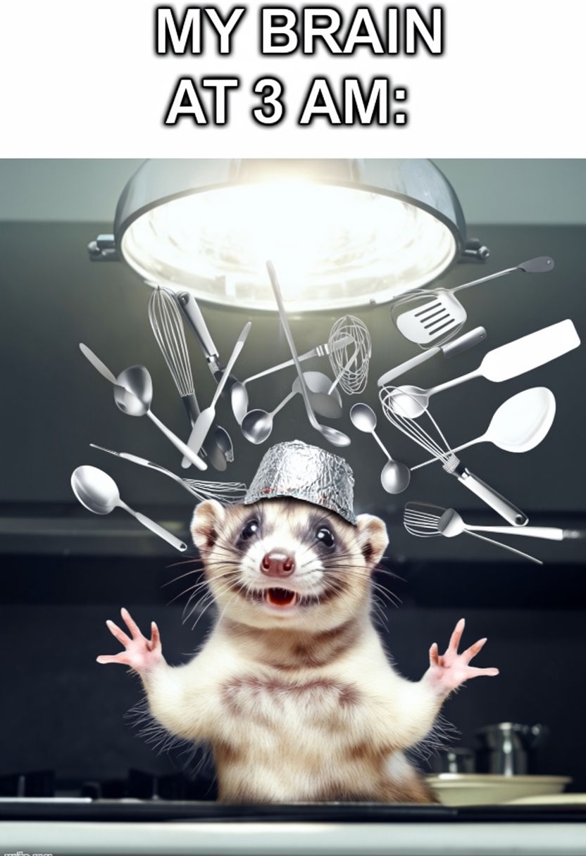 My Brain at 3 AM: Humorous Ferret Conducting Kitchen Utensils Meme