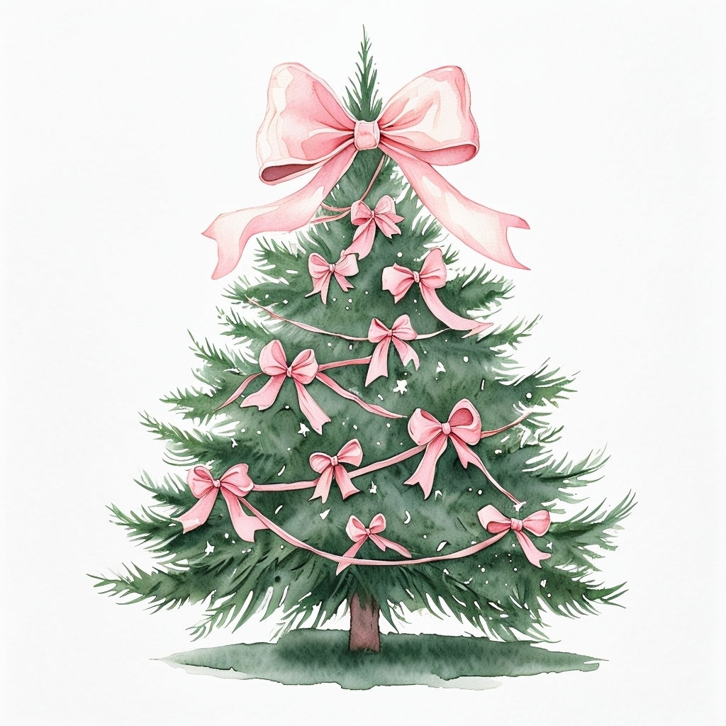 Festive Watercolor Christmas Tree with Pink Bows Illustration Art