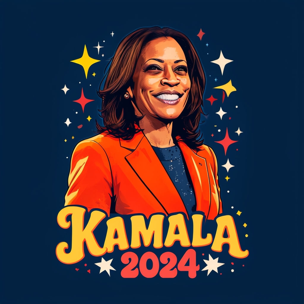 Vibrant Kamala Harris 2024 Illustrated T-Shirt Design - Playground