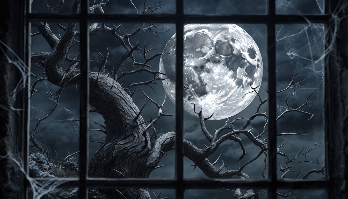 Haunting Moonlit Tree Through Old Window Frame Art