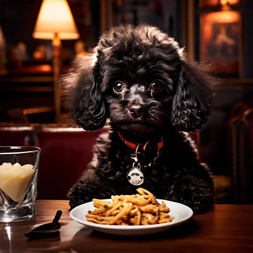 Tiny black poodle eating in a restaurant by Klaus Rottmann - Playground