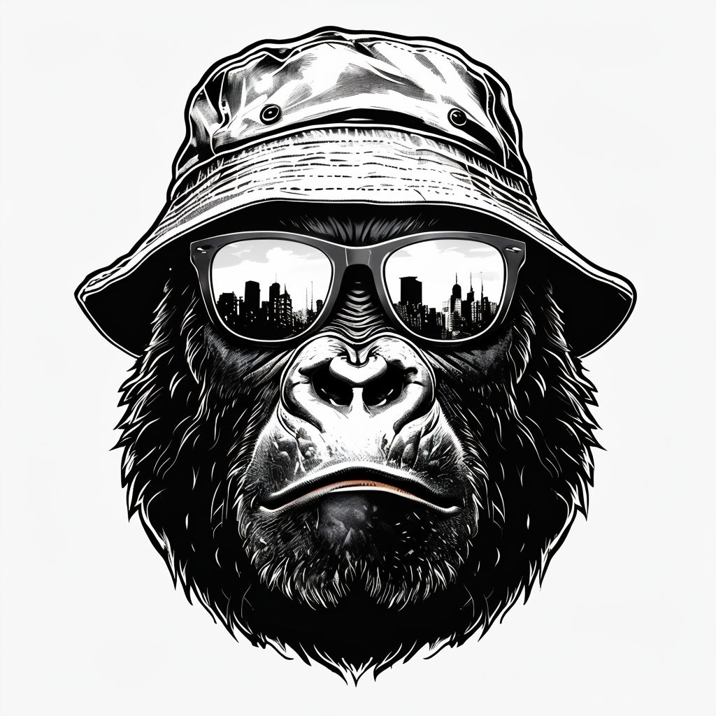 Striking Black and White Gorilla Face with Bucket Hat T-Shirt