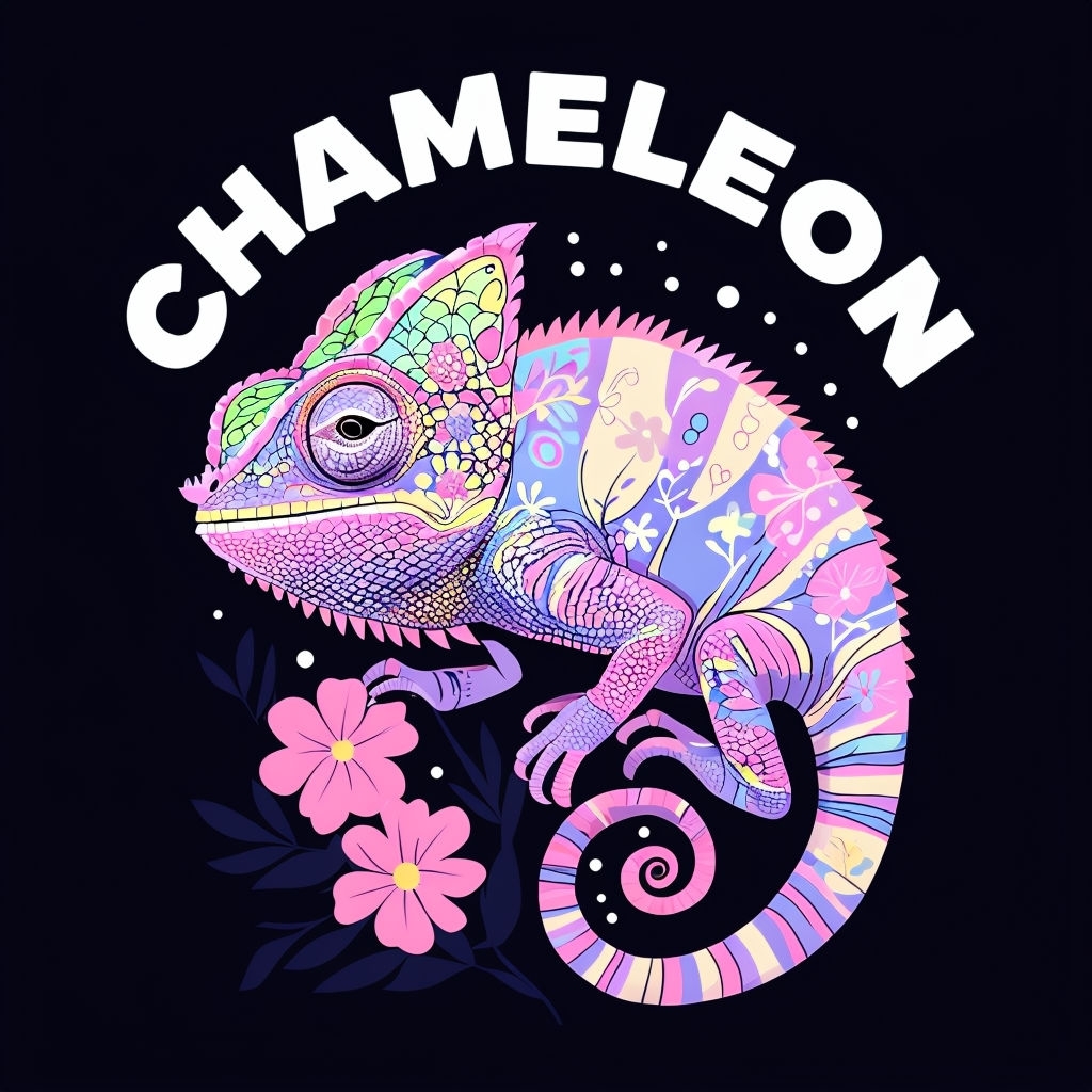Vibrant Chameleon with Floral Patterns and Playful Design T-shirt