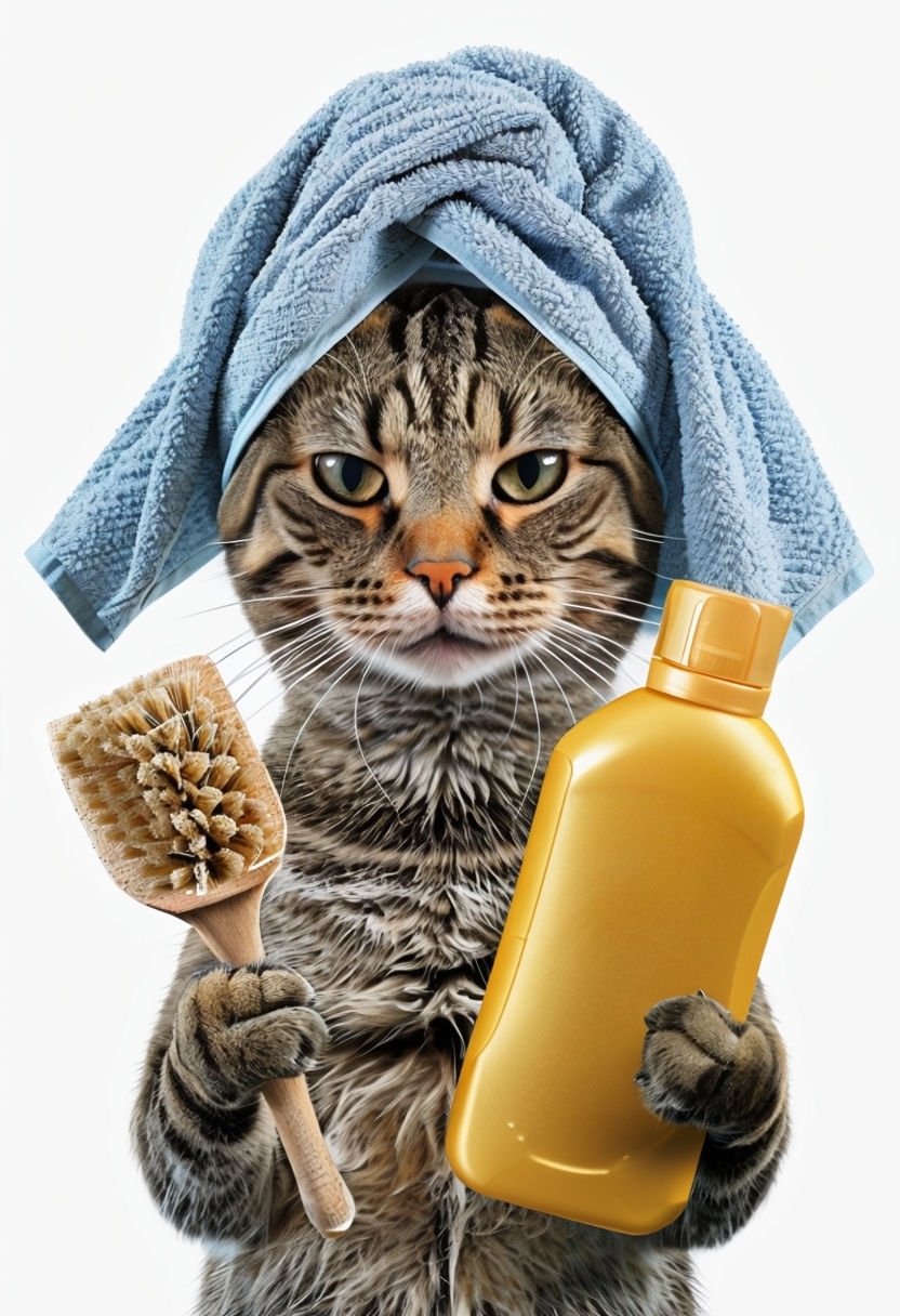 Playful Tabby Cat with Towel and Brush Cartoon Sticker