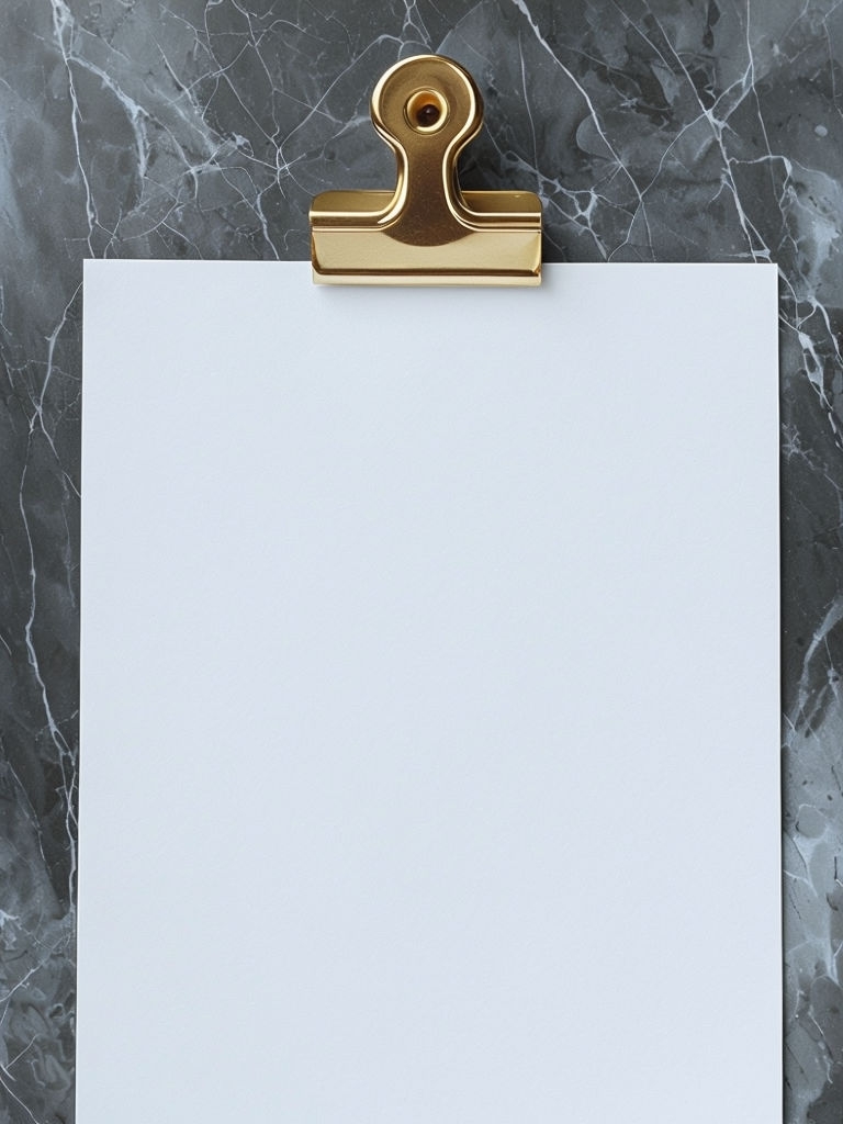 Elegant Gold Clip Holder on White Paper with Marble Background Mockup