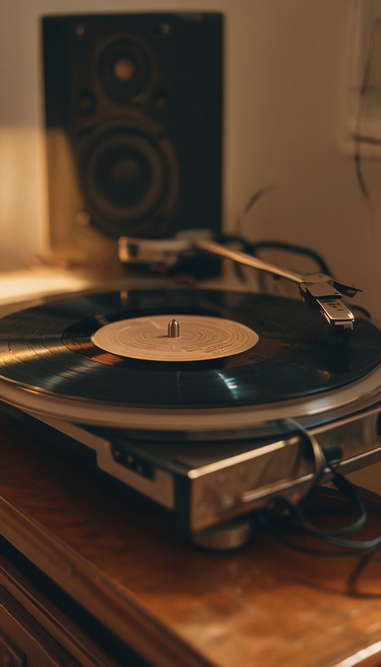 Vintage Turntable Mid-Spin with Warm Lighting Mobile Wallpaper