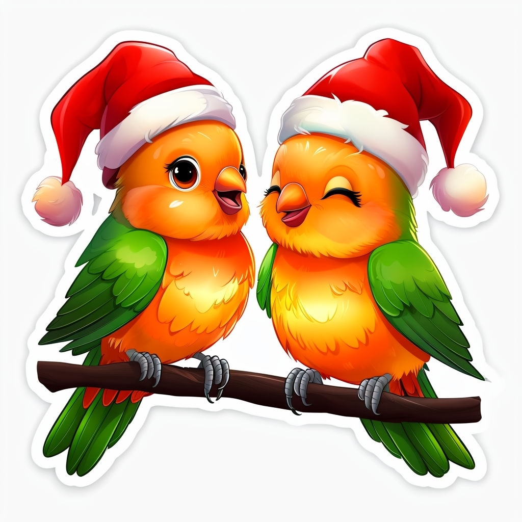 Cheerful Cartoon Lovebirds with Santa Hats Holiday Sticker