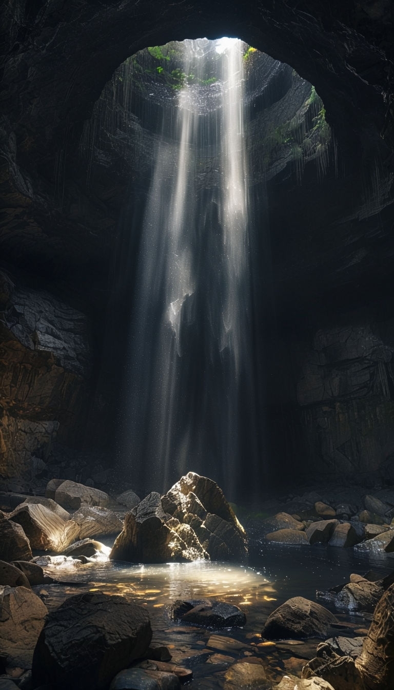 Mysterious Cave Waterfall Scene Illuminated by Light Art - Playground