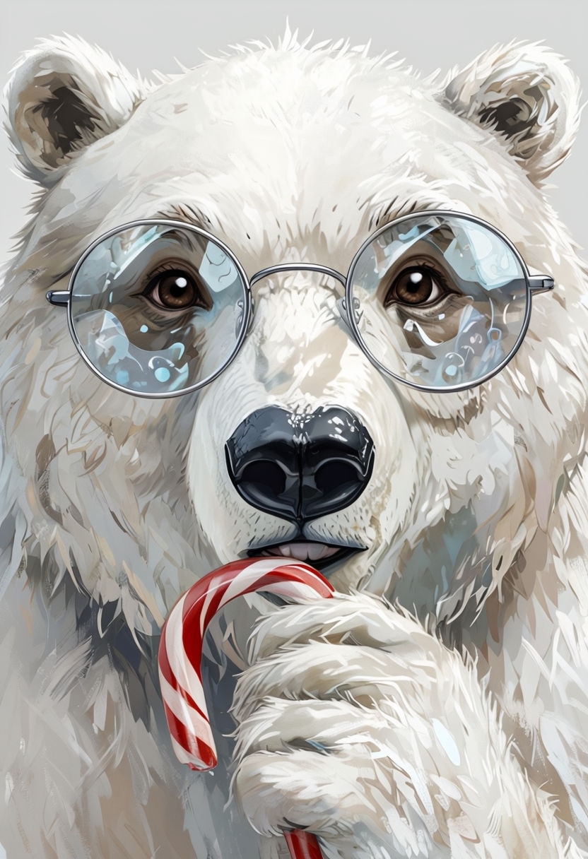 Whimsical Polar Bear with Glasses and Candy Cane Art