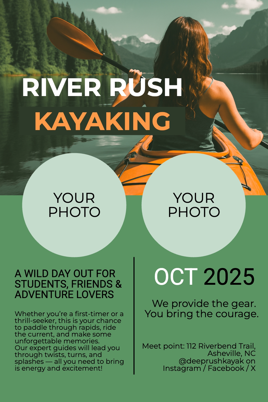 Exciting River Rush Kayaking Adventure Promotional Poster Flyer