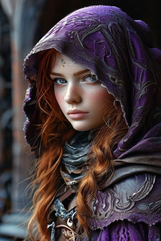 Long red head female video game character drawing by Leticia Pereira