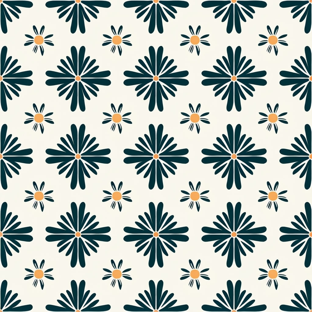 Stylized Teal Flower Symmetrical Pattern on Off-White Background Seamless Patterns