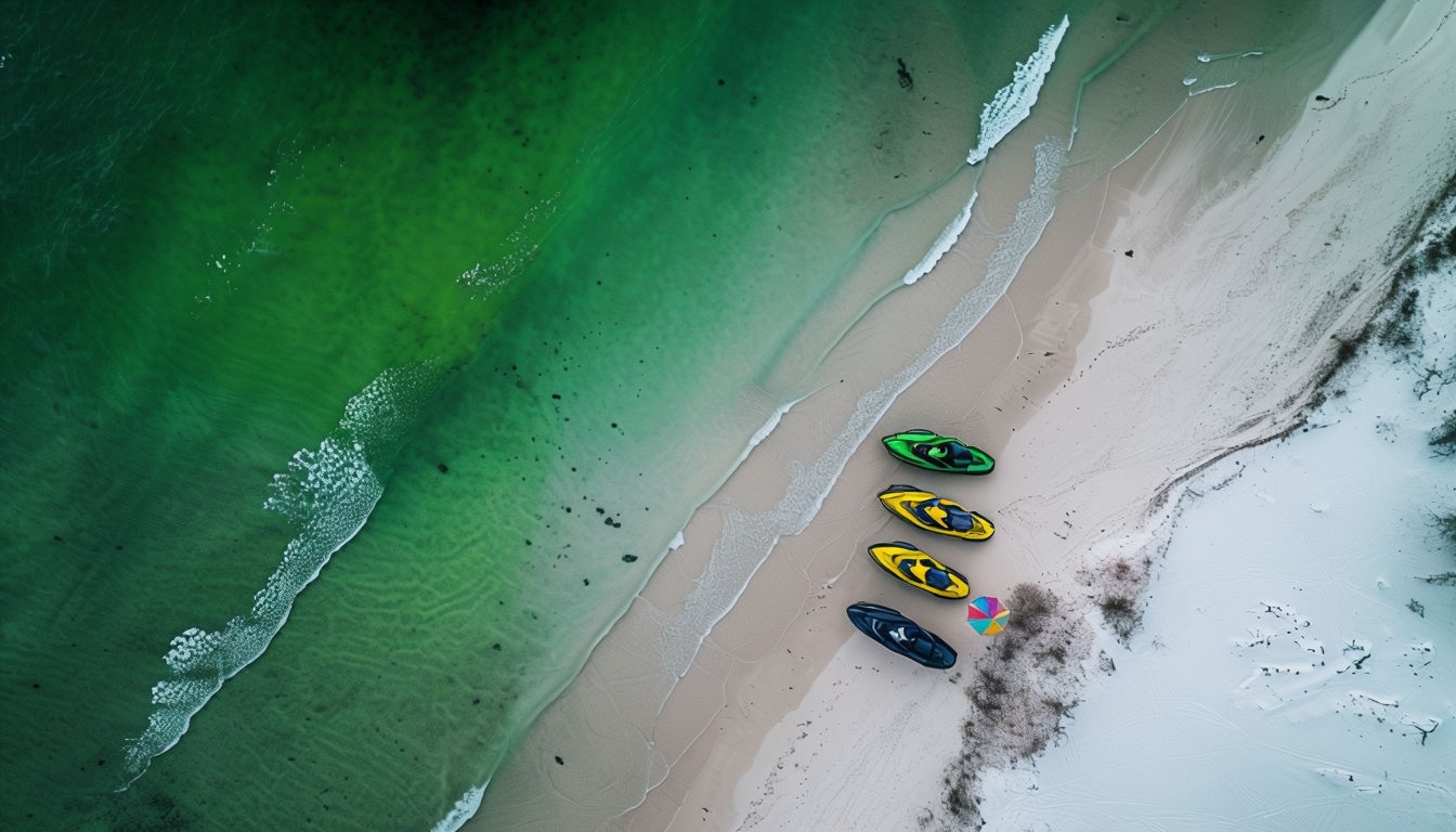 Serene Beach Scene with Jet Skis and Colorful Umbrella Background