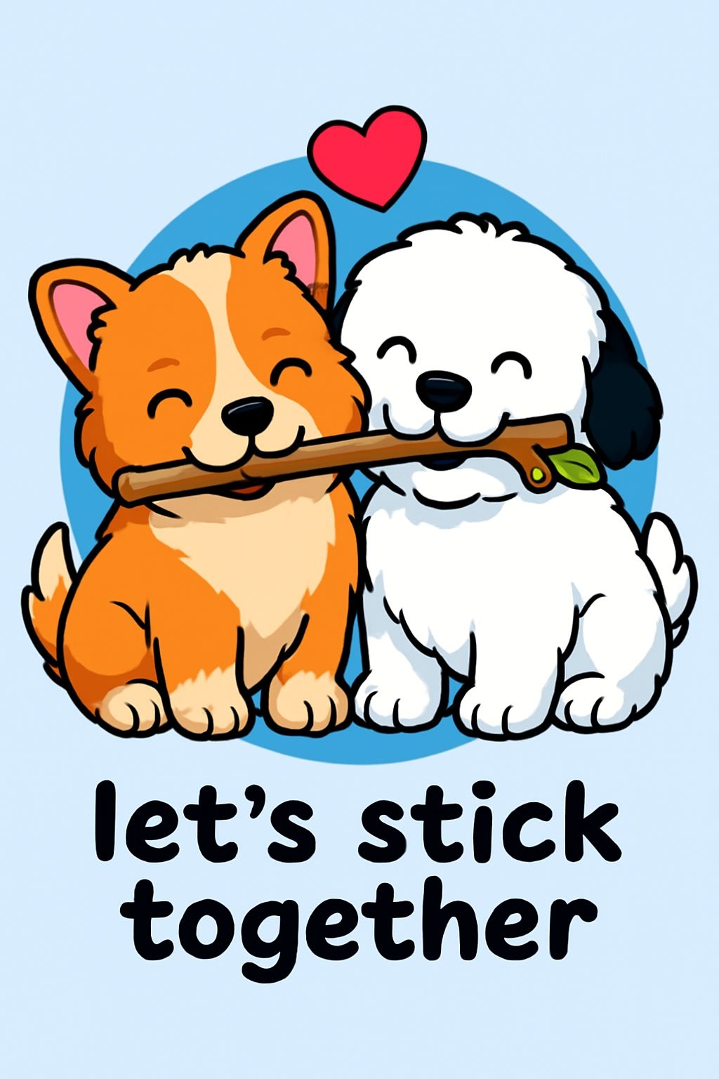 Adorable Cartoon Puppies Sharing a Stick Together Greeting Card