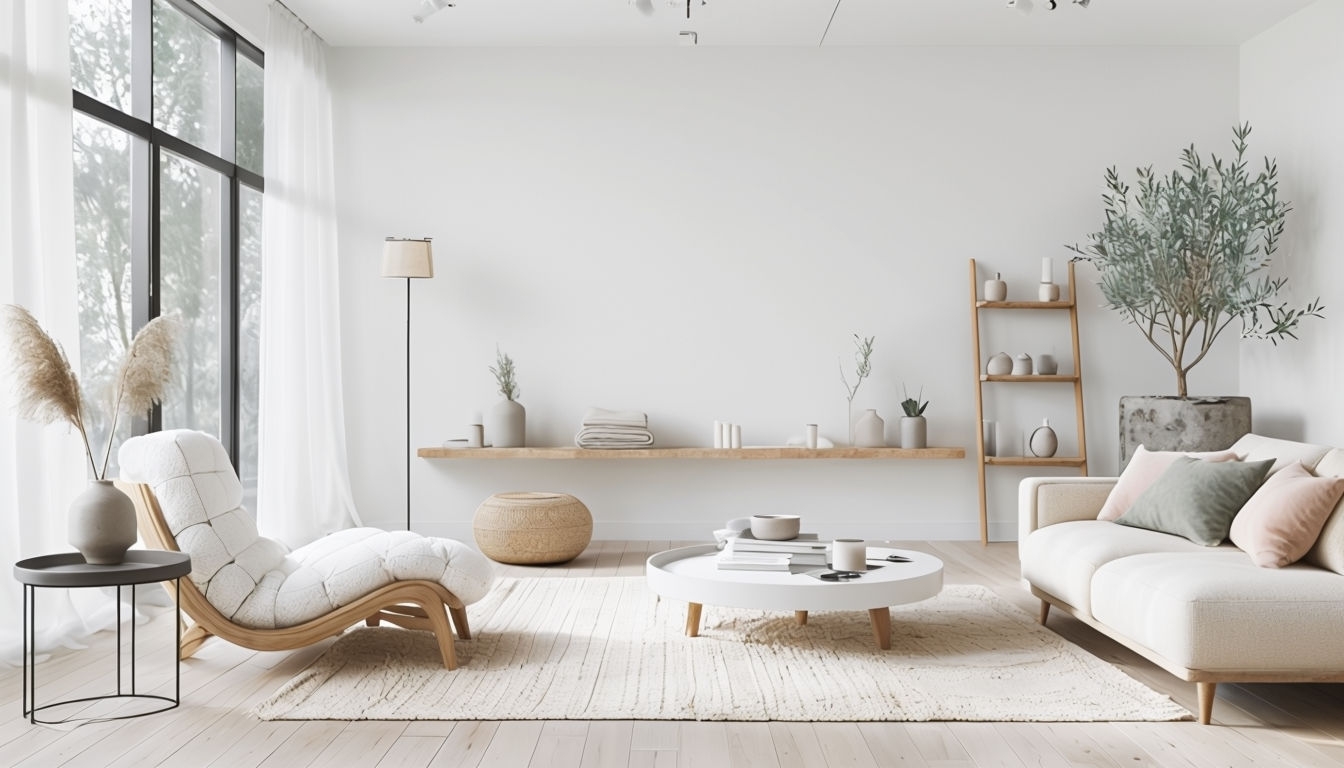 Serene Scandinavian-Inspired Living Room Design with Natural Elements Background