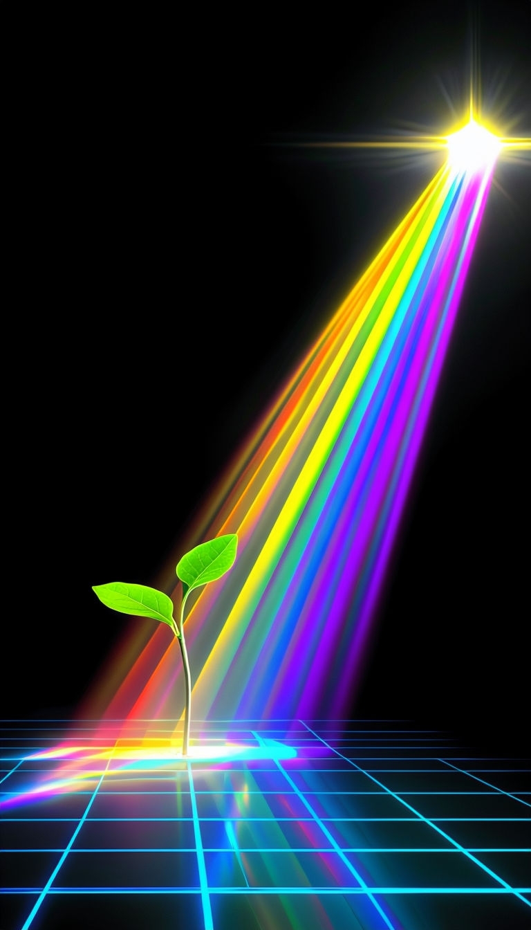 Vibrant Seedling with Rainbow Rays Holographic Mobile Wallpaper