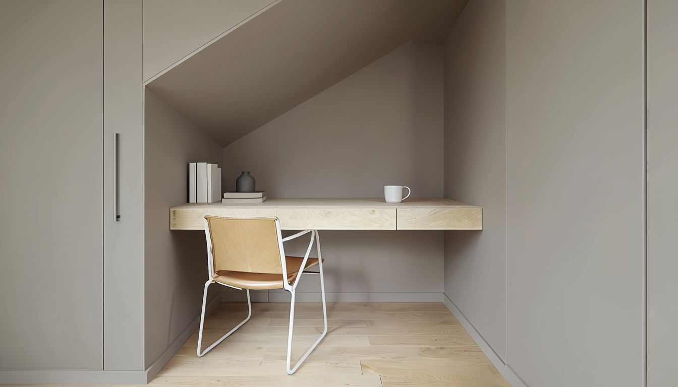 Minimalist Home Office Under Staircase Virtual Background