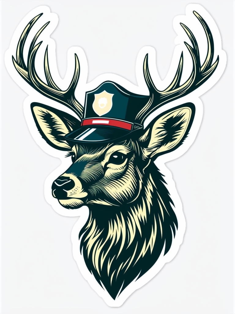 Whimsical Deer Head Illustration with Police Hat Sticker