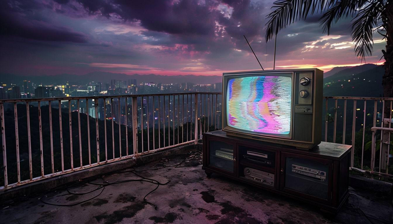 Nostalgic Outdoor Terrace with Vintage TV and Cityscape Background Virtual Backgrounds