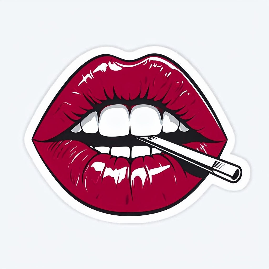 Vibrant Crimson Red Lips with Toothpick Die-Cut Sticker