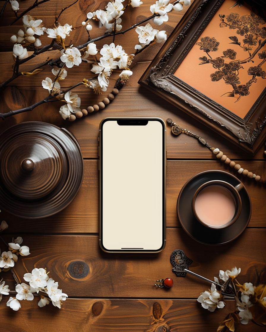 Warm Wooden Surface with Modern Smartphone and Teapot Mockup