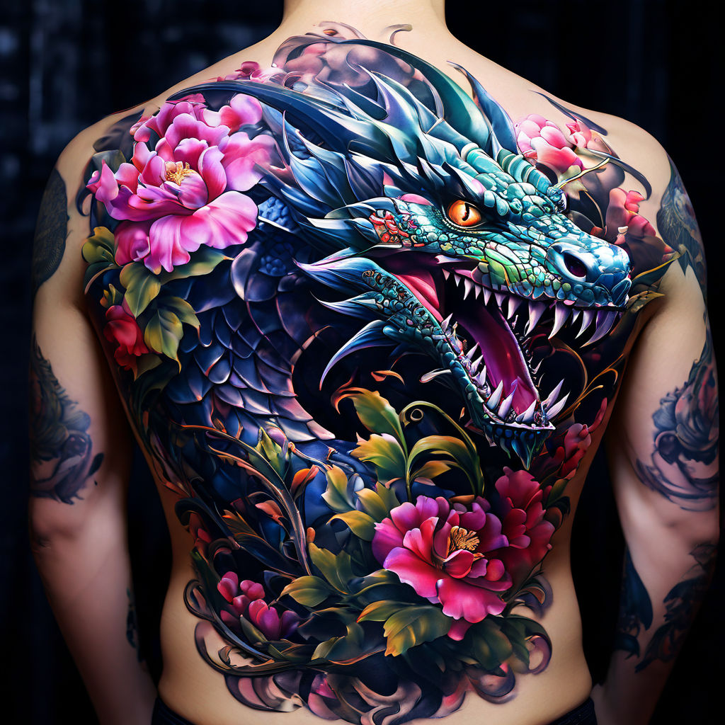 Lexica - Black grey dragon abstract japanese cherry tree red leg woman  tattoo