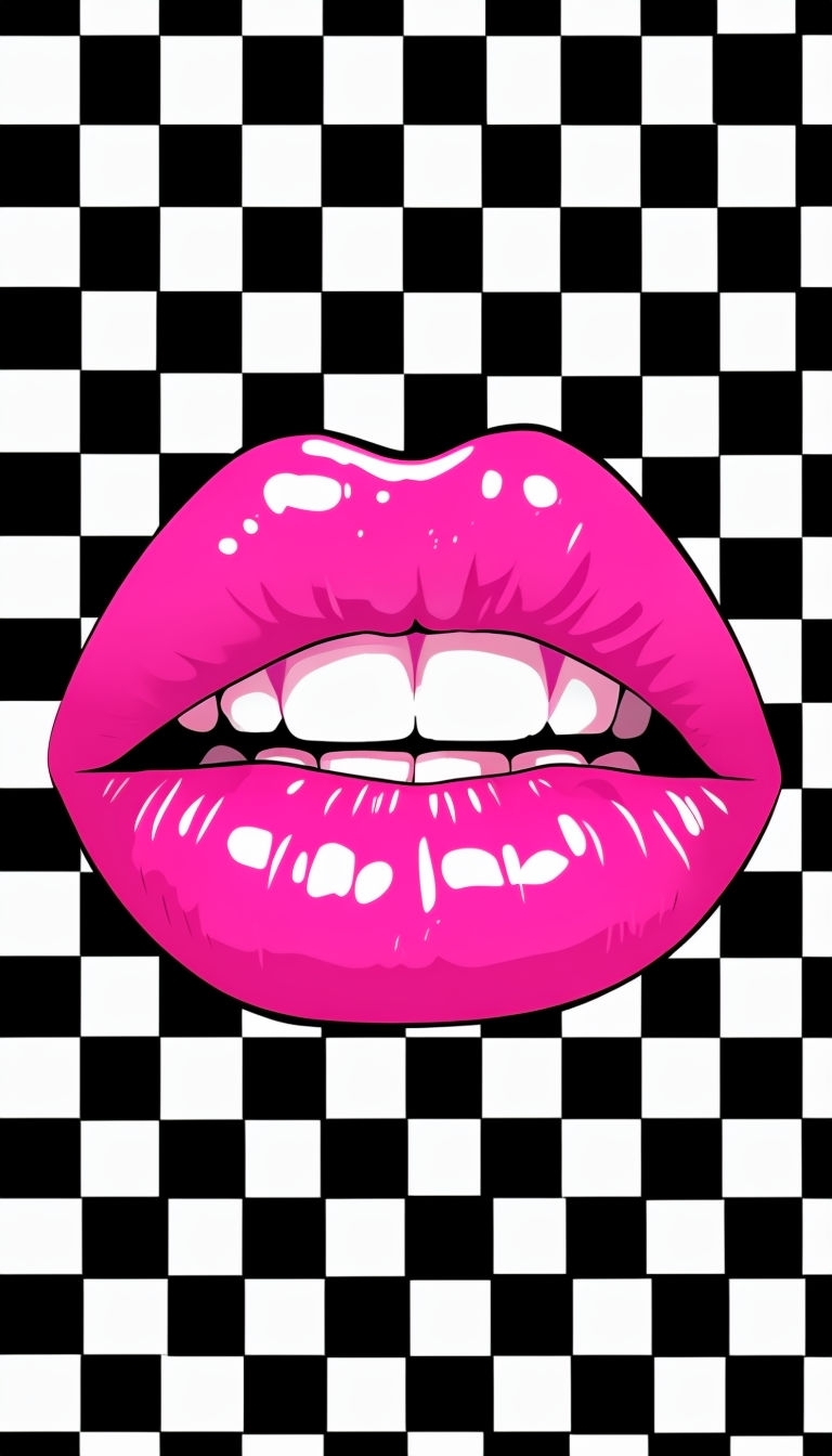Vibrant Hot Pink Glossy Lips on Checkered Background Mobile Wallpaper