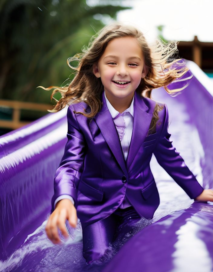 12 yo girl in a fancy purple silk business suit sliding down... by ...