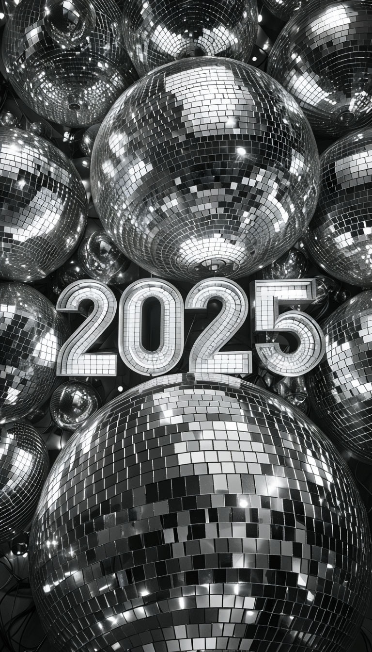 Striking Black and White Disco Balls with Bold 2025 Text Wallpaper