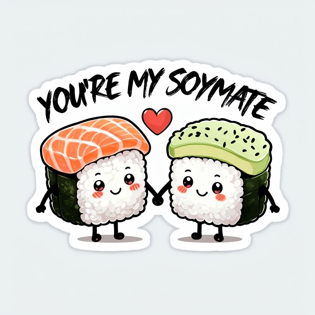 Happy Sushi Rolls Holding Hands 'You're My Soymate' Sticker