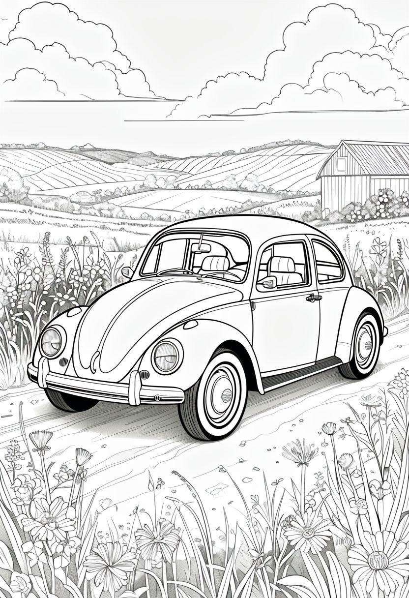 Vintage Volkswagen Beetle in Countryside Coloring Page - Playground