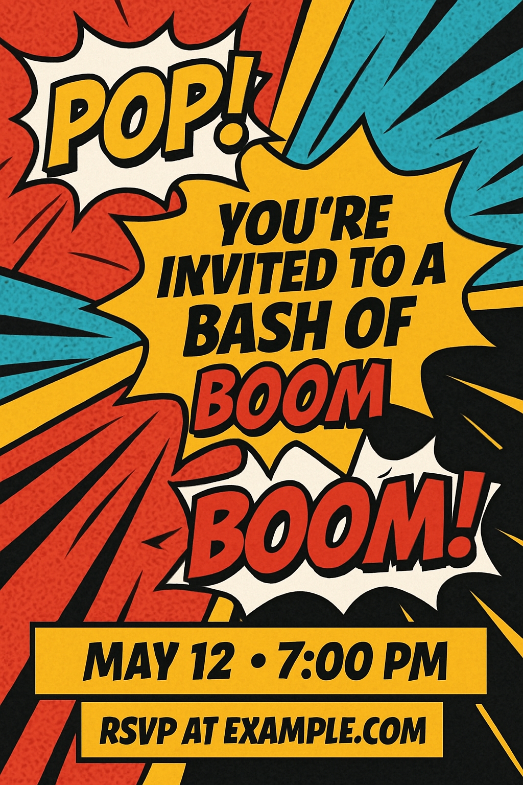 Vibrant Comic Book Style Invitation for a Bash of Boom Boom Cards & Invites