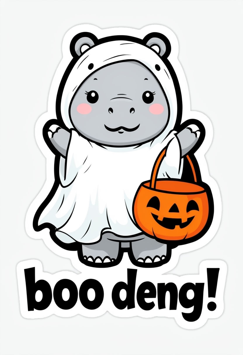 Cute Baby Moo Deng Hippo Ghost Sticker with Pumpkin Bucket