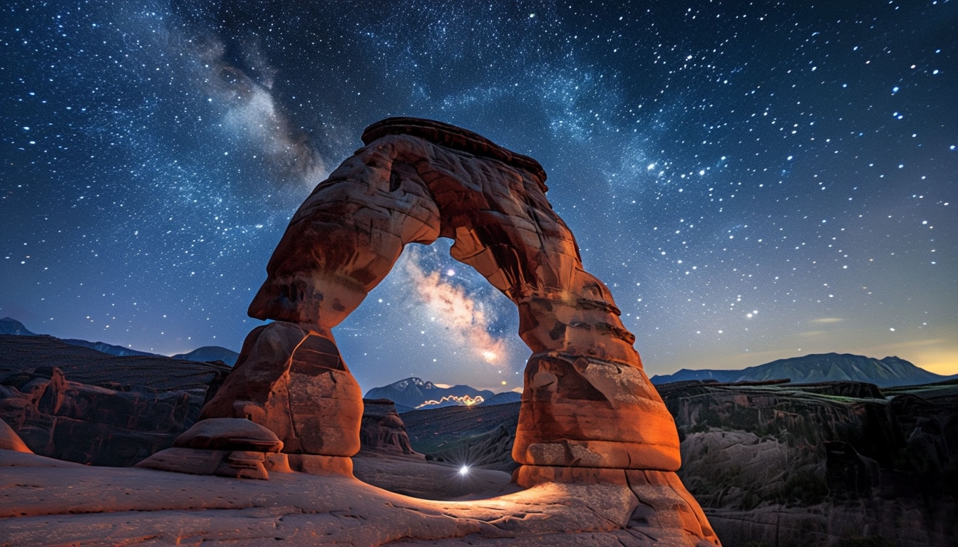 Stunning Delicate Arch Night Landscape with Starry Sky Virtual Background