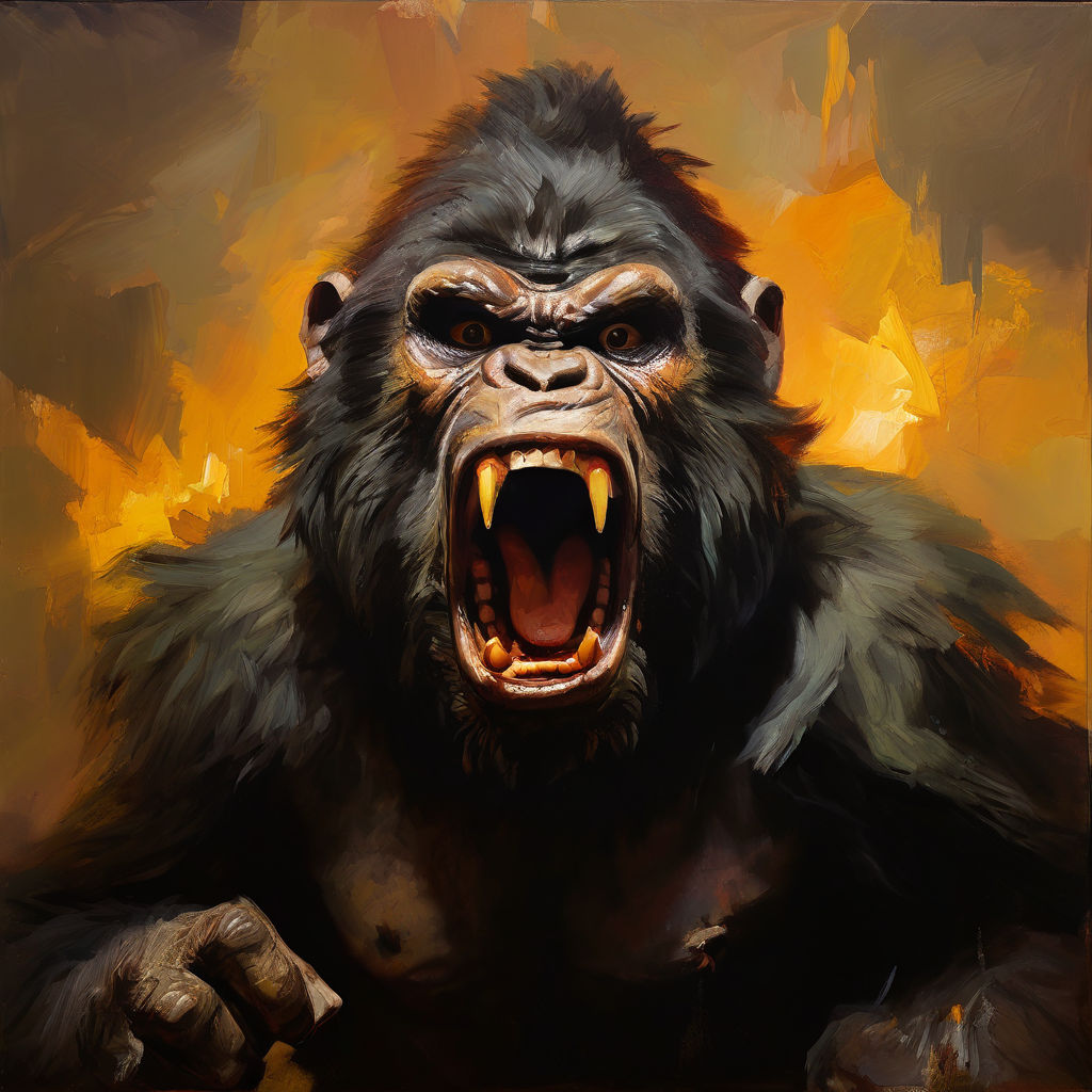 A rustic and angry face gorrila yelling growing in an oil pa... by ...