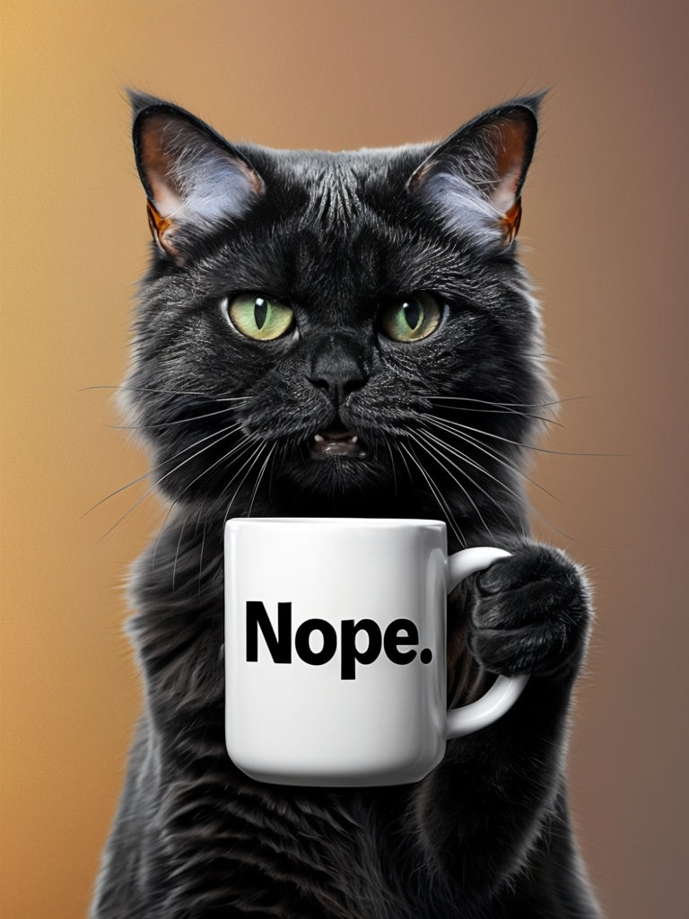 Playful Black Cat with Nope Mug Humorous Art Poster