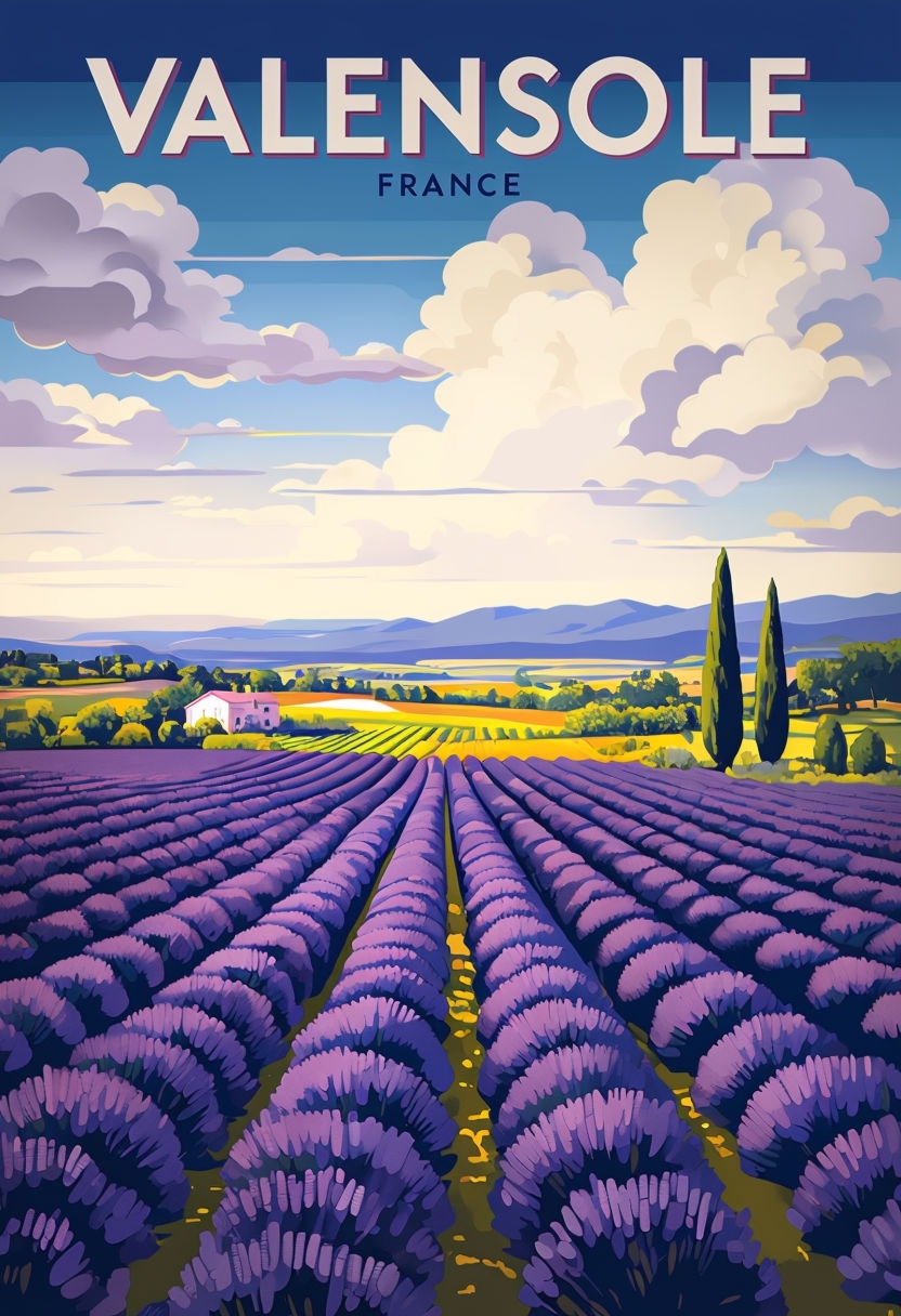 Vibrant Vintage Valensole Lavender Field Travel Poster